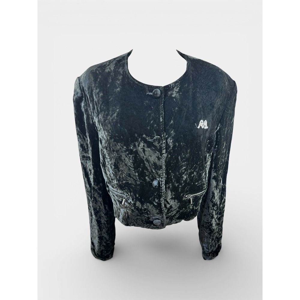 RoccoBarocco VTGE Black Velvet‎ Cropped Jacket Embellish Zip Button Front Italy